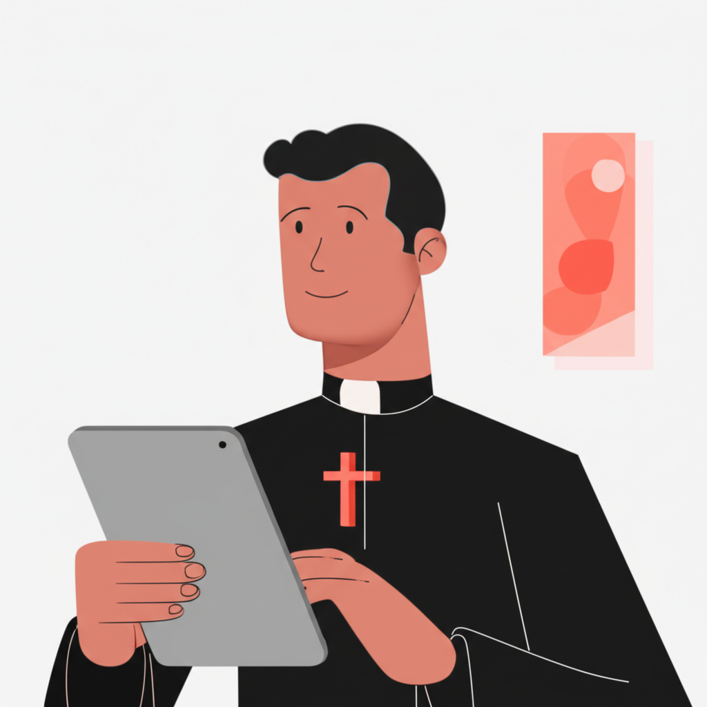 Padre usando tablet para gerenciar eventos e horários da paróquia